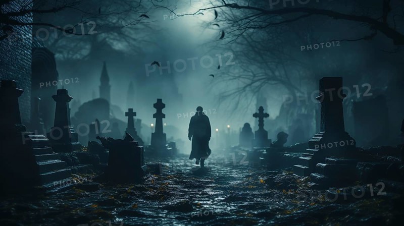 Spooky dark figure walking through the foggy night in a cemetary