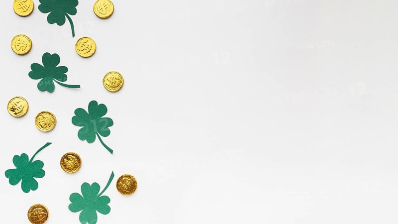 Flat lay coins clovers frame