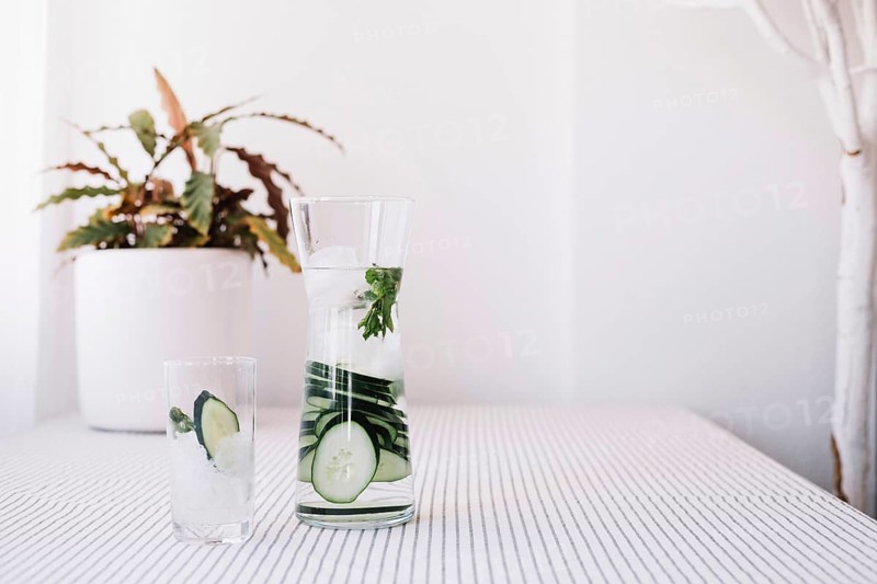 Glass jug with refreshing water