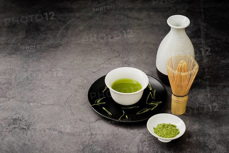 High angle matcha tea cup plate