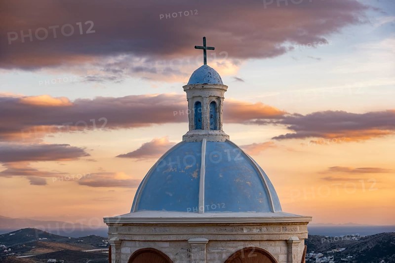 Blue dome of the Catholic Church of Our Lady of Mount Carmel at sunset