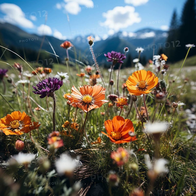 Mountain landscape with a green meadow and lots of flowers