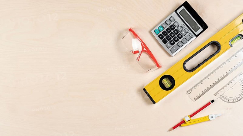 Top view architect desk with tools