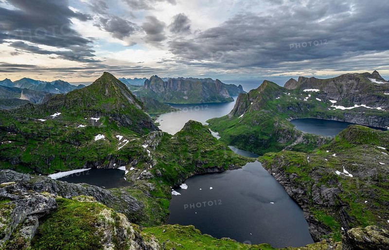 View over mountain landscape and lakes Krokvatnet and Litlforsvatnet with fjord Forsfjorden