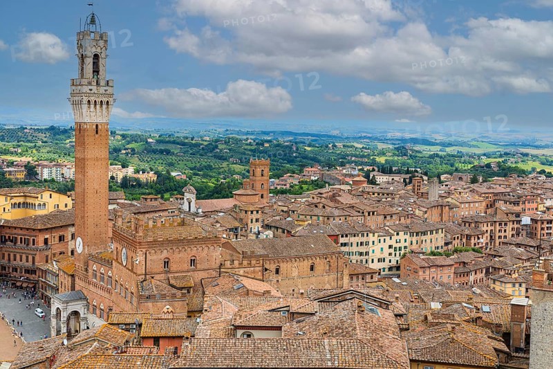 Above the rooftops of Siena with a view of the Torre del Mangia bell tower