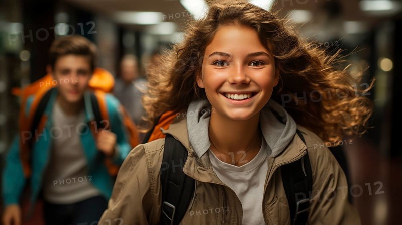 Happy and excited teenaged students walking down the hallway of their school