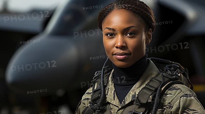 Female african american fighter pilot soldier stands outside her fighter jet