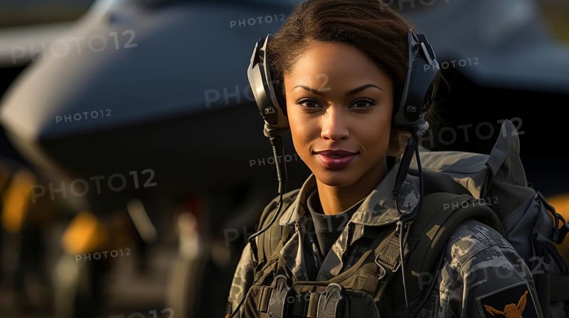 Female african american fighter pilot soldier stands outside her fighter jet