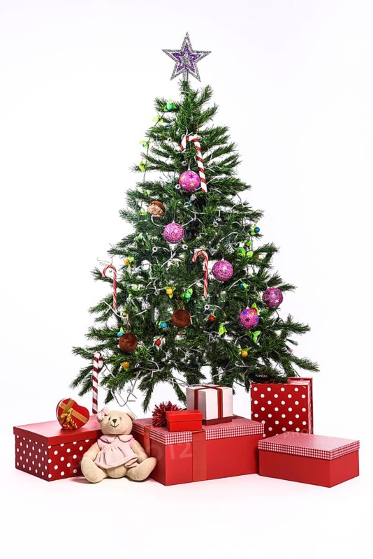 Christmas tree with gifts on white background