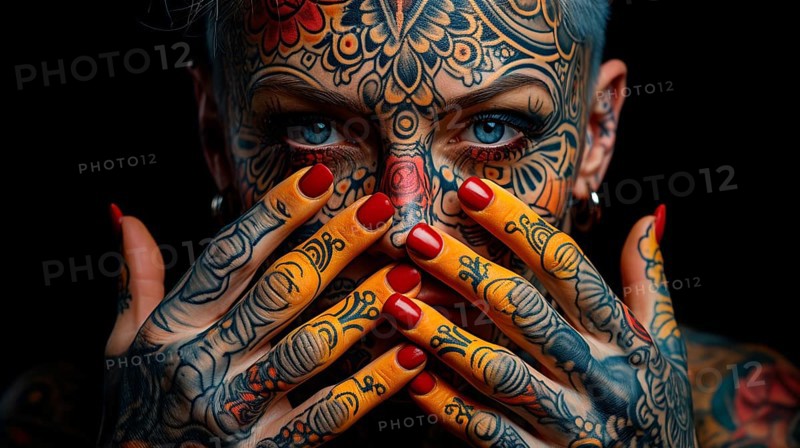 Close-up of a young woman with very colourful tattoos on her face and fingers