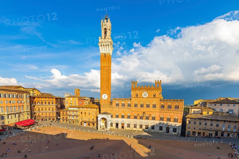 Thunderclouds over the Piazza del Campo with the bell tower Torre del Mangia and the town hall Palazzo Pubblico