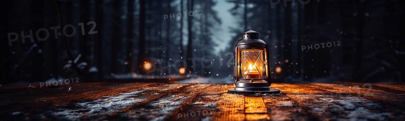 Warm and inviting lit vintage lantern resting on wood planks base outdoors in a winter setting. generative AI