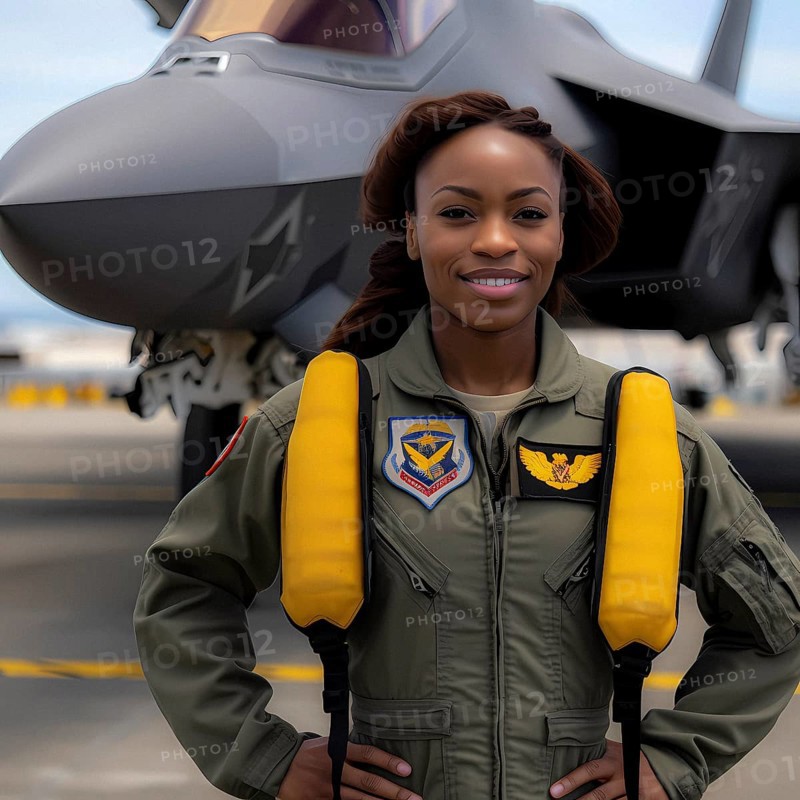 Proud young pilot stands in front of her F 35 fighter plane