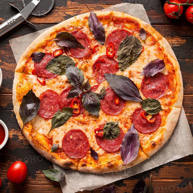 Close up view pizza wooden table