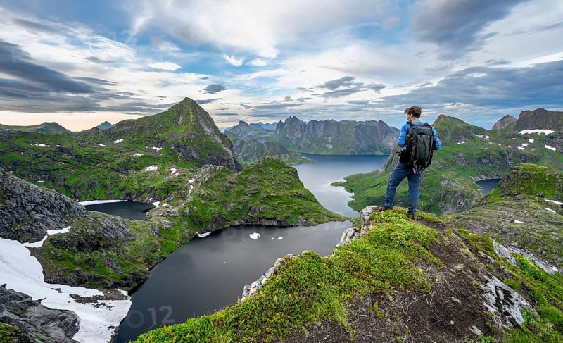 View over mountain landscape and lake Litlforsvatnet with fjord Forsfjorden