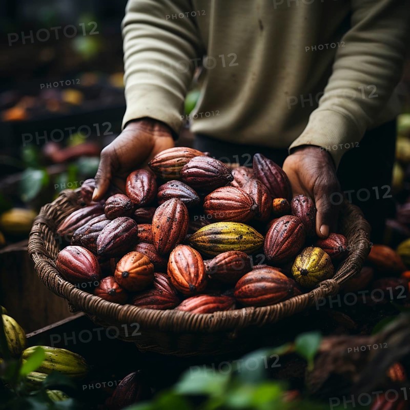 A farmer harvests fresh chocolate in a plantation
