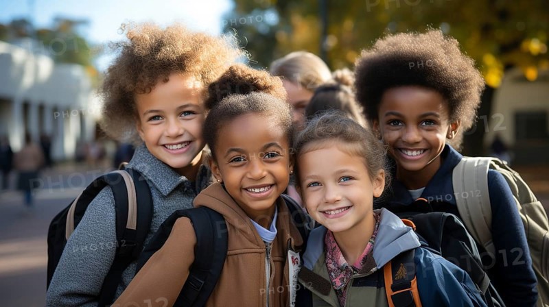 Happy and excited multi-ethnic young children students walking on the campus of their school