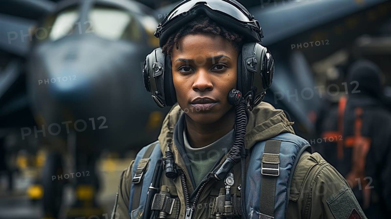 Female african american fighter pilot soldier stands outside her fighter jet