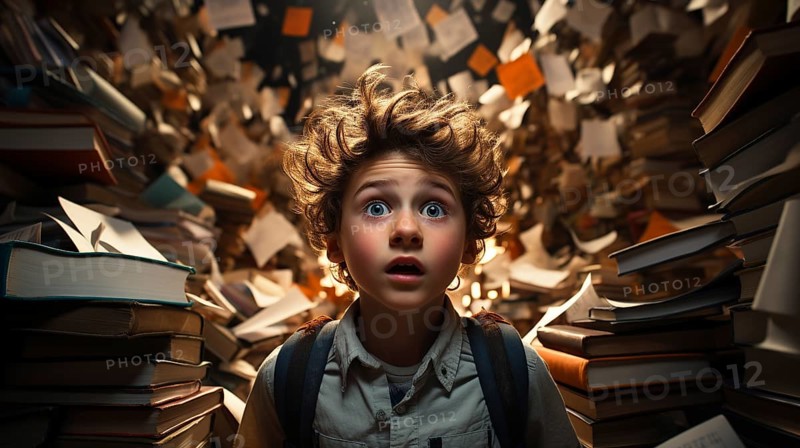 Young boy student sitting stunned and overwhelmed amidst a never ending pile of books and papers surrounding him