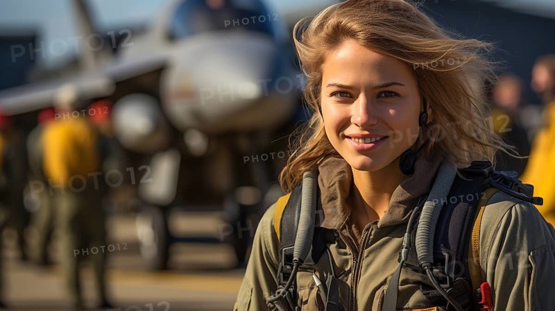 Female fighter pilot soldier standing outside her fighter jet