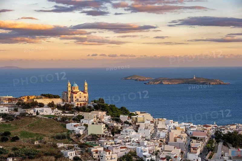 View of the town of Ermoupoli with Anastasi Church or Church of the Resurrection at sunset