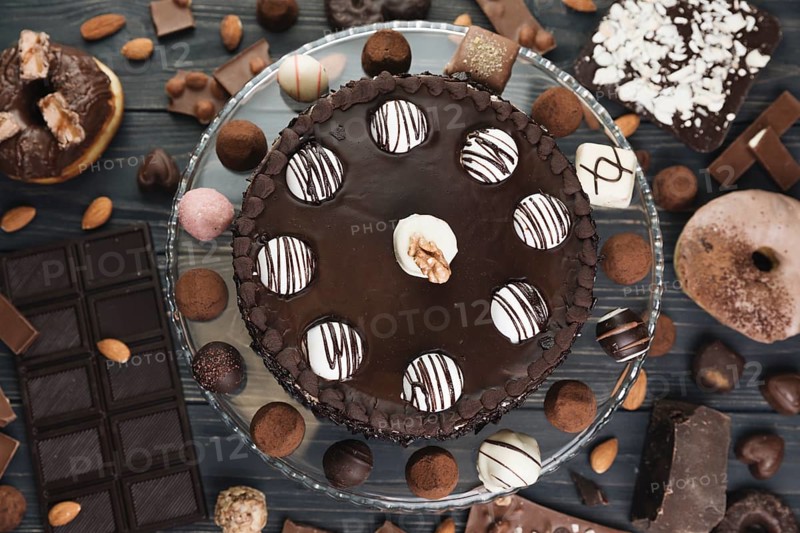 Top view chocolate cake with chocolate stuff