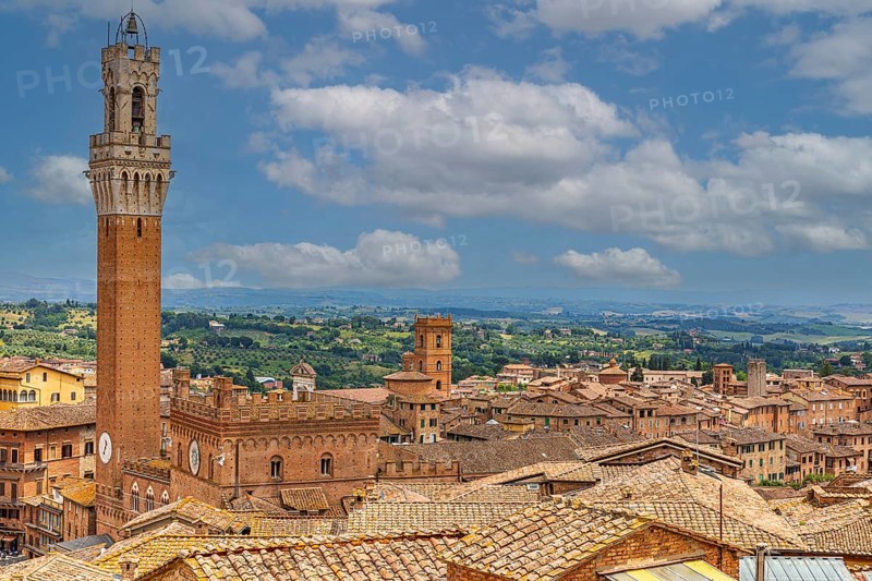 Above the rooftops of Siena with a view of the Torre del Mangia bell tower