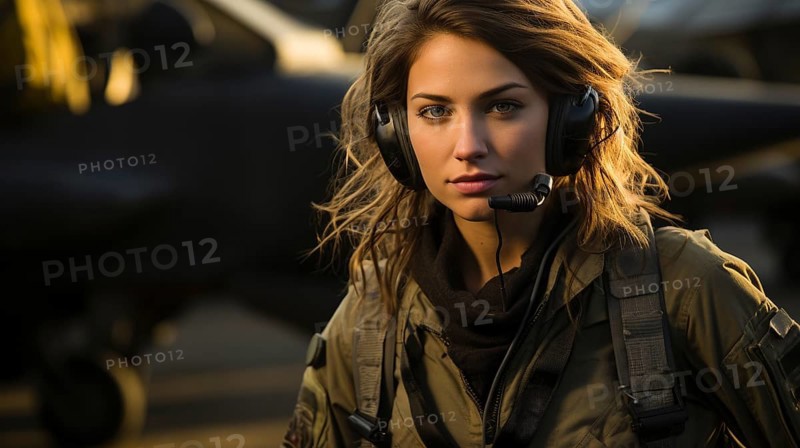 Mixed-race female fighter pilot soldier standing outside her military fighter jet