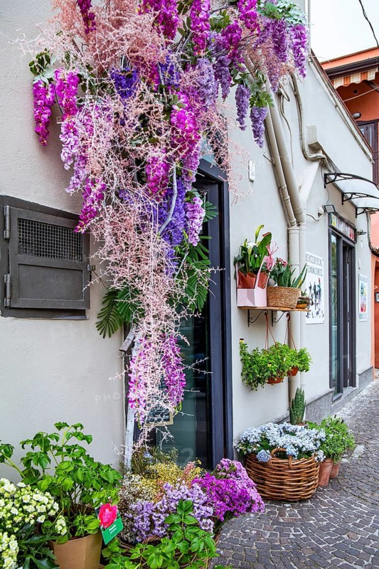 Facade with flower decorations from a flower shop