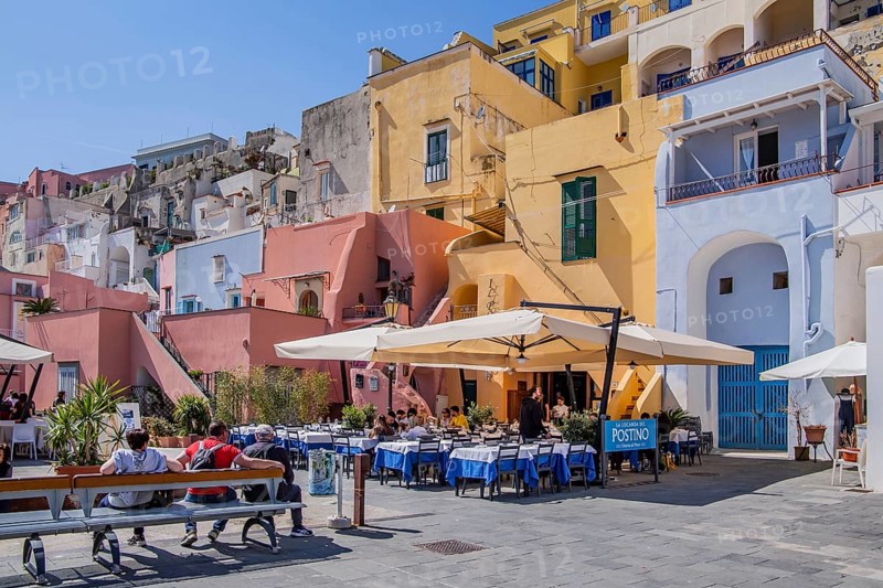 Fish restaurants on the waterfront of the fishing village of Corricella