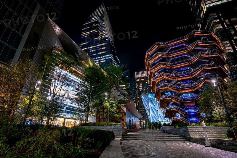 The center of the Hudson Yards with The Shed and The Vessel at night