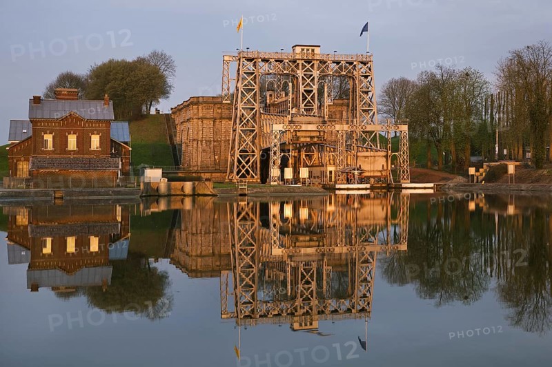 Hydraulic boat lift n4 at sunset on the old Canal du Centre at Thieu near La Louviere in the Sillon industriel of Wallonia