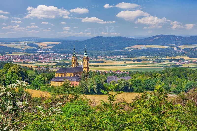 Landscape of Franconian Switzerland with the pilgrimage church Basilica Vierzehnheiligen