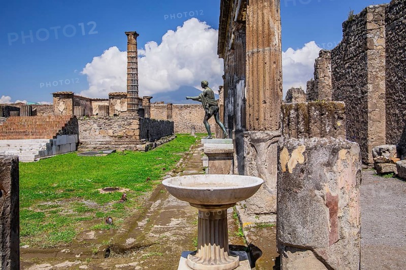 Apollo Sanctuary with Apollo Statue and Vesuvius in Clouds