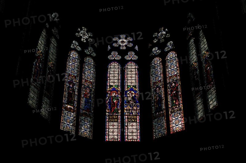 Interior view of stained glass windows in the choir room