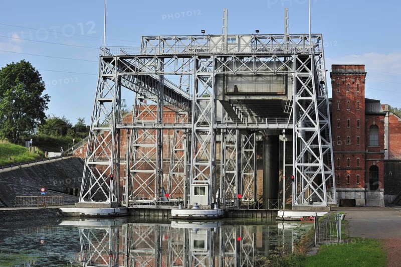 Hydraulic boat lift on the old Canal du Centre at Houdeng-Goegnies near La Louviere in the Sillon industriel of Wallonia