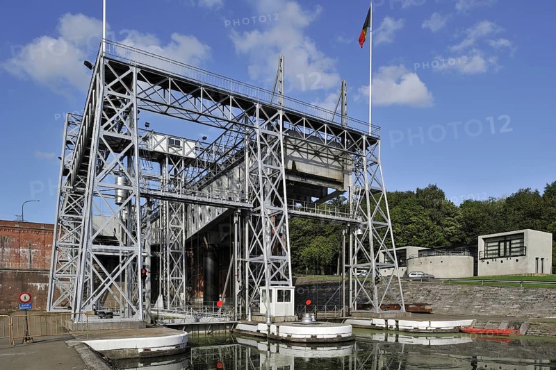 Hydraulic boat lift on the old Canal du Centre at Houdeng-Goegnies near La Louviere in the Sillon industriel of Wallonia