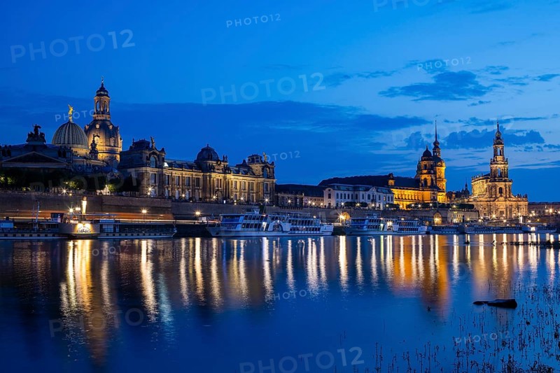 Silhouette of Dresden's Old Town in the evening on the Elbe