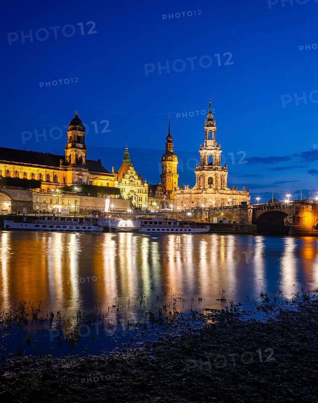 Silhouette of Dresden's Old Town in the evening on the Elbe River