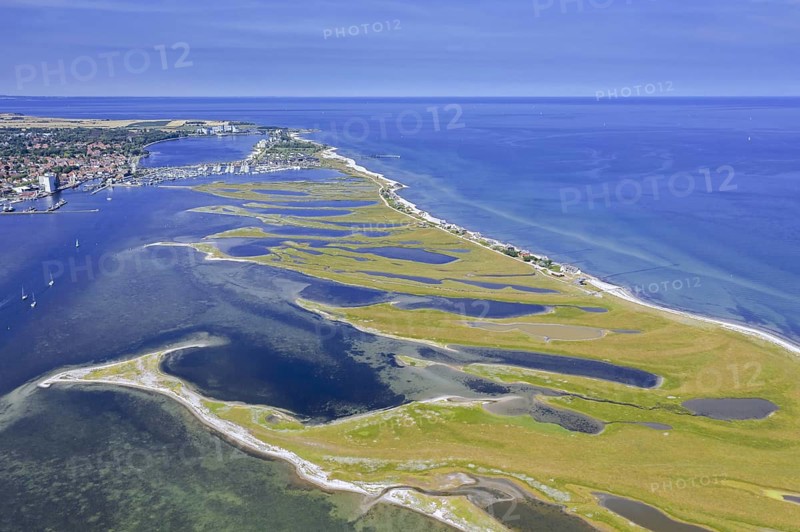 Aerial view over houses on the shore along the Baltic Sea coast at Steinwarder peninsula