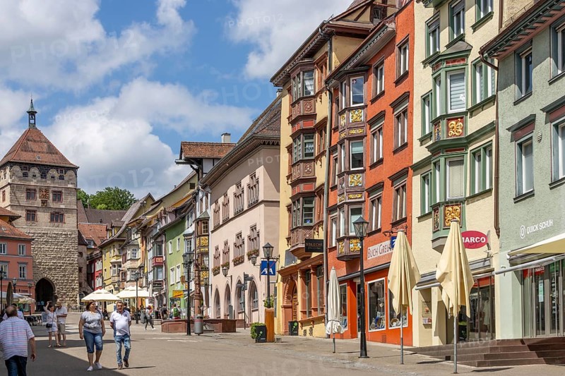 Old town with old traditional houses with oriels in Black Forest style and Black Gate