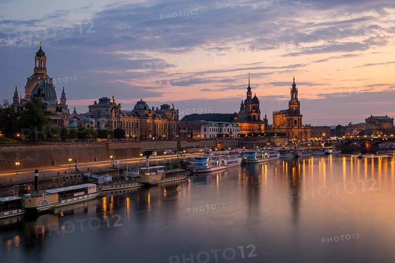 Silhouette of Dresden's Old Town in the evening on the Elbe