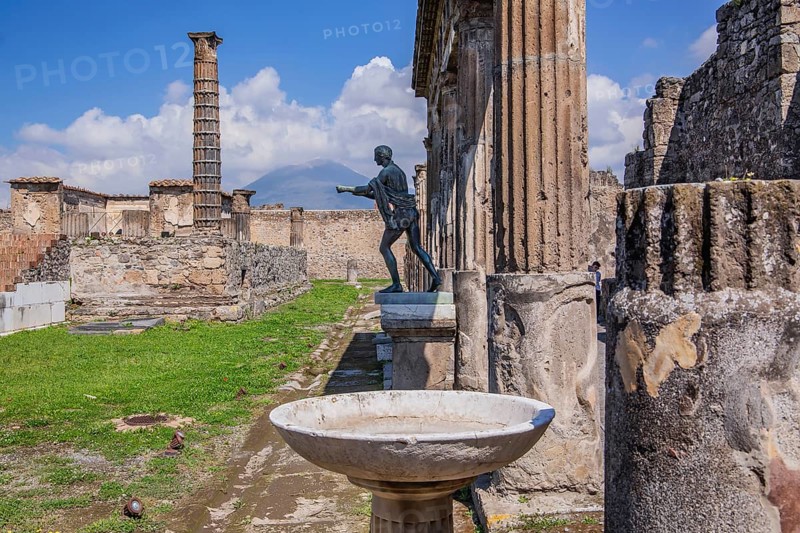 Apollo Sanctuary with Apollo Statue and Vesuvius in Clouds