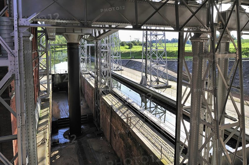 Hydraulic boat lift on the old Canal du Centre at Houdeng-Goegnies near La Louviere in the Sillon industriel of Wallonia