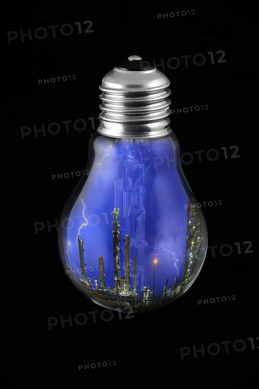 Lightning during thunderstorm above petrochemical industry inside incandescent lamp