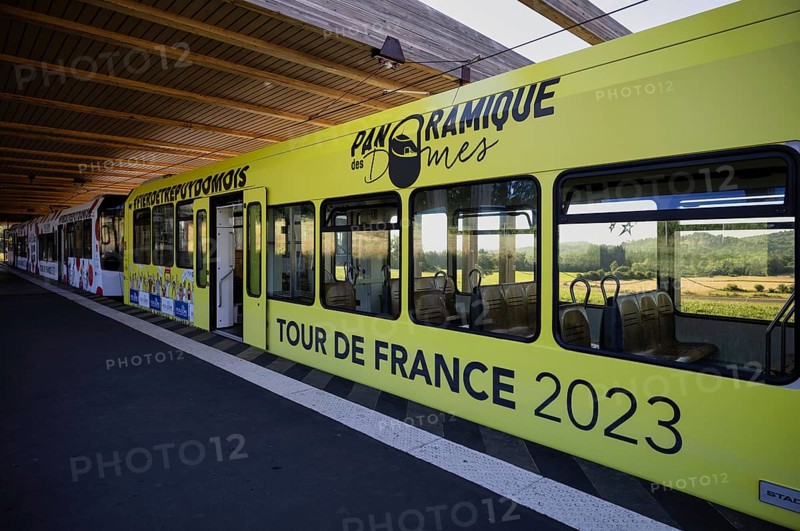 Bottom station of the Panoramique des Domes rack railway in Tour de France 2023 all-car advertising
