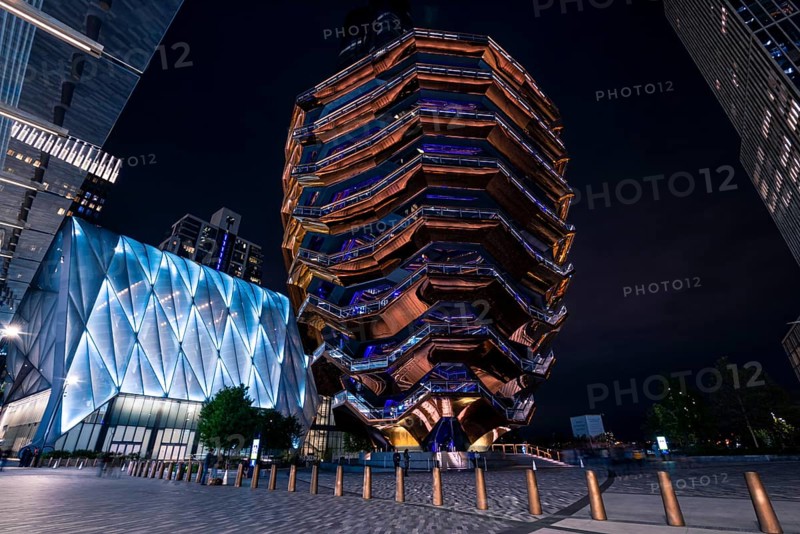 The center of the Hudson Yards with The Shed and The Vessel at night