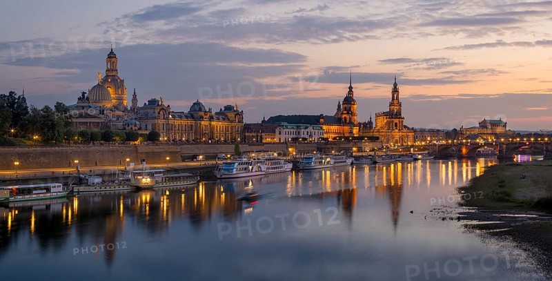 Silhouette of Dresden's Old Town in the evening on the Elbe