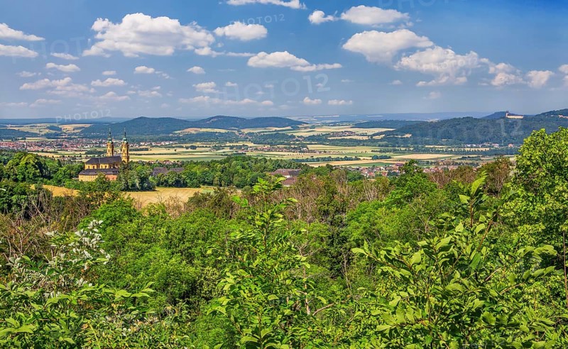 Landscape of Franconian Switzerland with the pilgrimage church Basilica Vierzehnheiligen