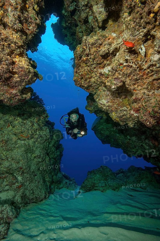 Diver swimming through cave tunnel of coral rock in coral reef